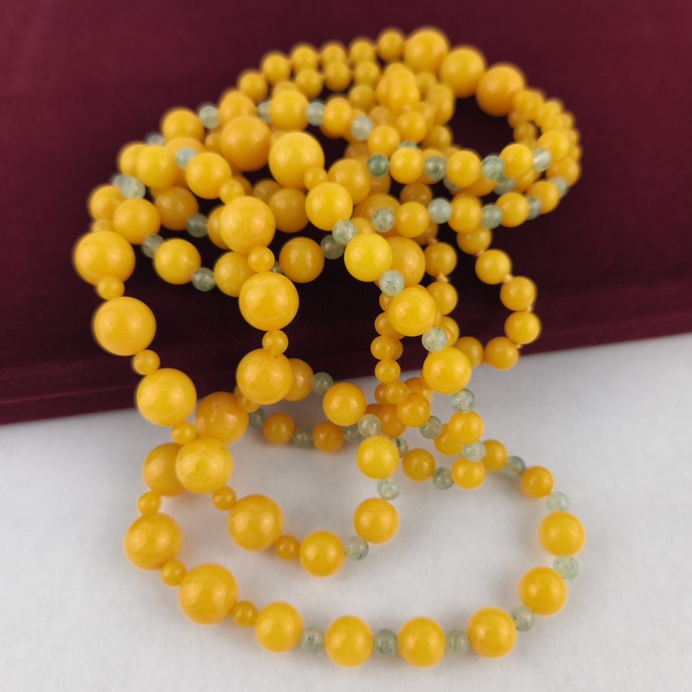 Vintage Graduated Yellow Stone Look 5 Strand Necklace Green Accent Beads